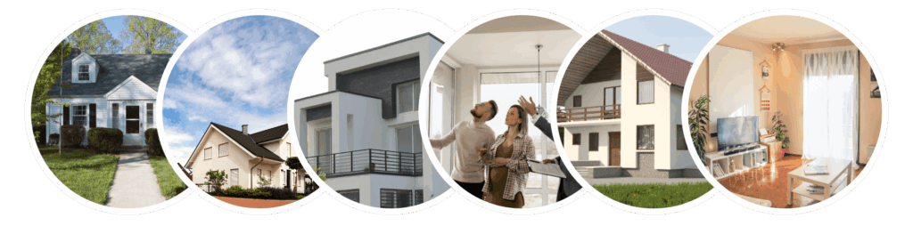 Mehrere verschiedene Häuser, ein Paar besichtigt eine Immobilie und ein heller, moderner Wohnraum