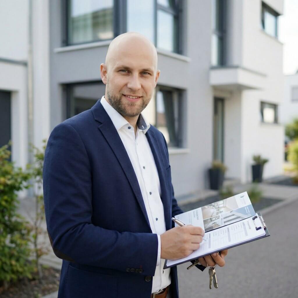 Ein Mann im Anzug steht mit Klemmbrett und Stift vor einem modernen Haus und lächelt in die Kamera